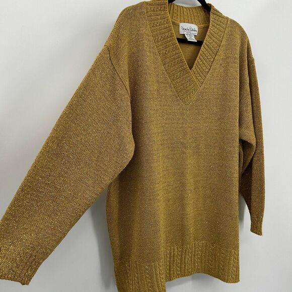DIANE VON FURSTENBERG Vintage Womens Yellow Gold Metallic V-Neck Sweater Size 2X - Picture 5 of 6